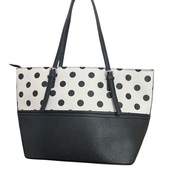 CLEO Tote Bag Polka Black and White Shoulder Bag PVC Adjust Strap Two-Tone Bag - Picture 3 of 10